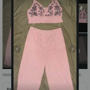 Embroidered Pink Wide-Leg Pants & Cropped Bralette Set